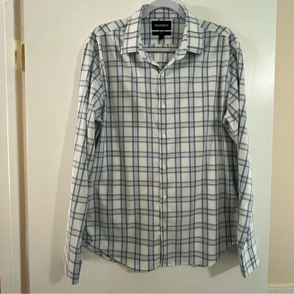 Bonobos Slim Fit Long Sleeve Button Up Stretch Shirt Gray Blue Plaid Size Large